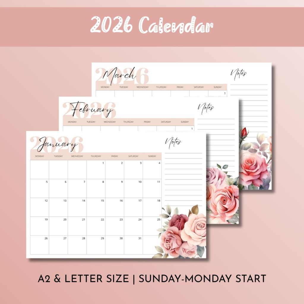 Pink Roses 2026 Desktop Calendar