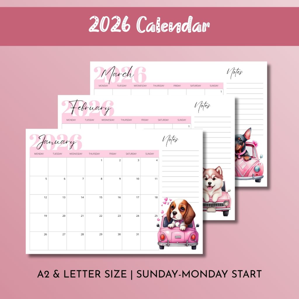 Pink Puppy 2026 Desktop Calendar